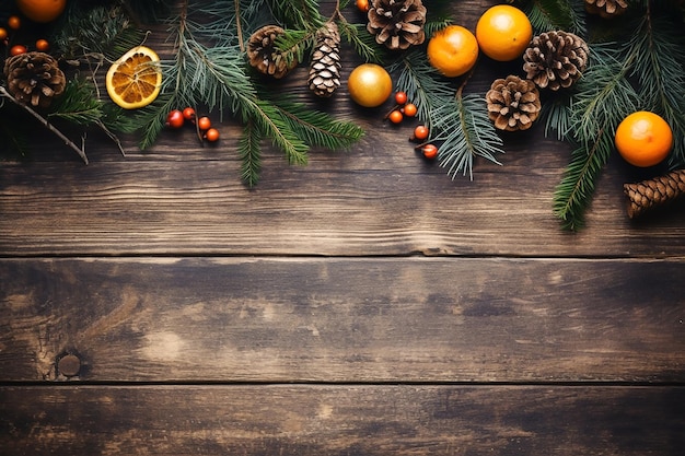 Des branches de sapin avec un décor de Noël placent l'image sur un vieux fond en bois sombre IA générative