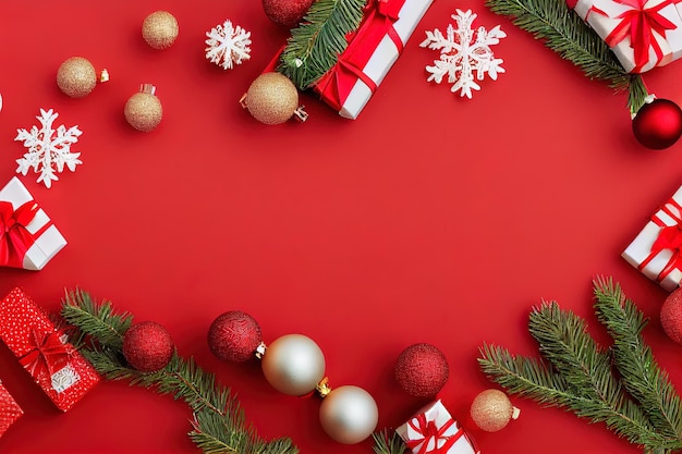 Branches de sapin avec décoration de Noël sur fond rouge mise à plat Espace pour le texte Illustration numérique
