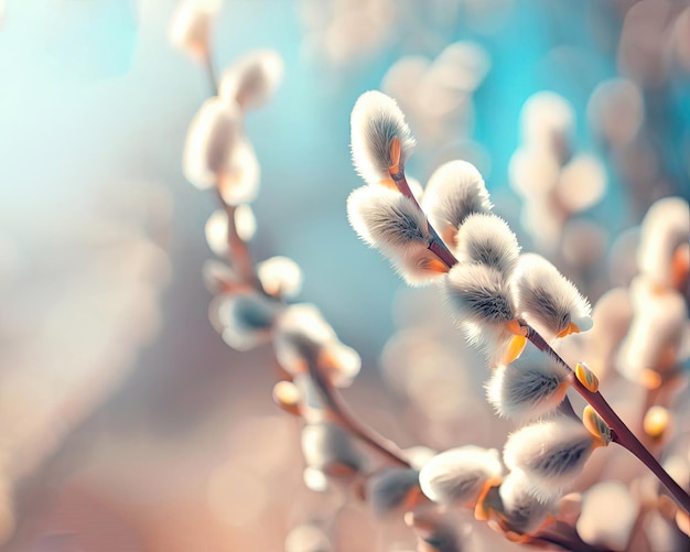 Photo branches de saule avec des bourgeons moelleux lors d'une journée de printemps ensoleillée