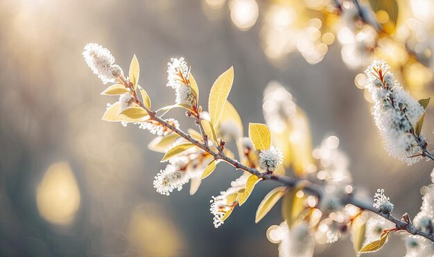 Branches de saule gris pastel avec fleurs et arrière-plan flou