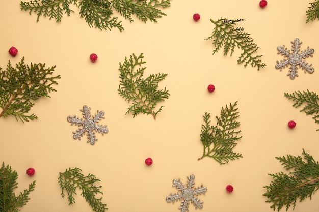 Branches de thuya et viorne et décoration de Noël sur fond beige.