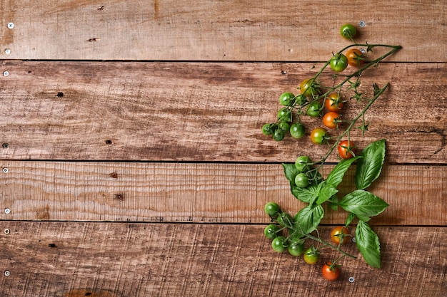 Branches de tomates cerises fraîches, feuilles de basilic, serviette, poivre et moulin à poivre sur fond rustique en bois ancien. Fond de cuisson des aliments et maquette.