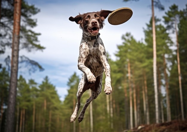 Un braque allemand sautant en l'air pour attraper un frisbee