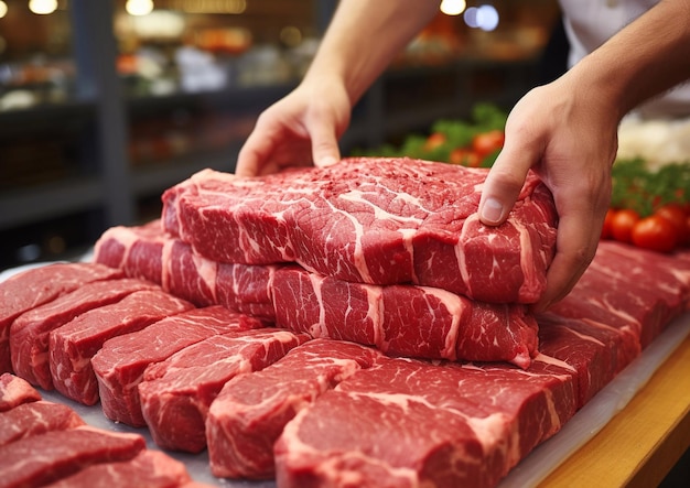 Les bras du boucher détiennent un steak de filet de bœuf cru rouge sur le marché de la viande