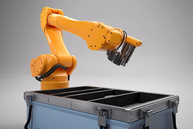 Le bras du robot prend la boîte à outils et la place dans la main robotique créée avec l'IA générative