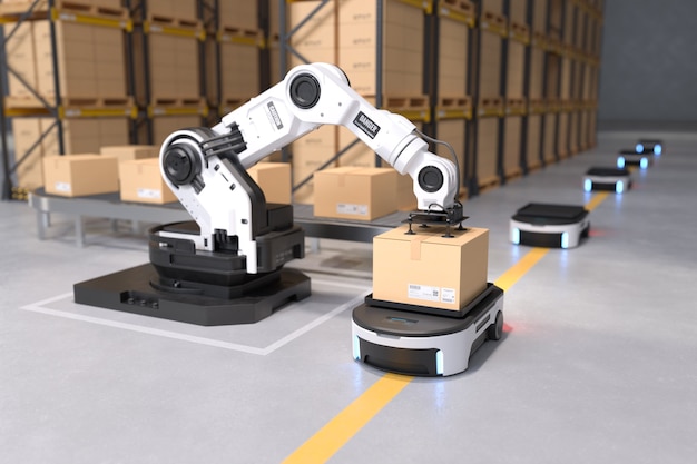 Le bras du robot prend la boîte pour le transport du robot autonome dans les entrepôts