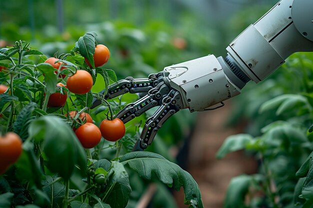 Le bras du robot de récolte intelligente illustre l'automatisation technologique dans l'agriculture en serre