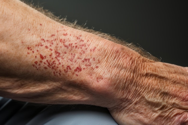 le bras d'un homme plus âgé avec des taches rouges dessus