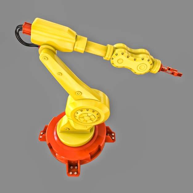 Bras jaune robotisé pour tout travail en usine ou en production. Équipements mécatroniques pour des tâches complexes. illustration 3D.