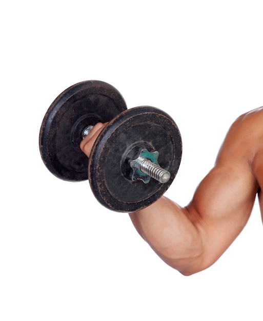 Bras musclé, soulever des poids isolés sur fond blanc