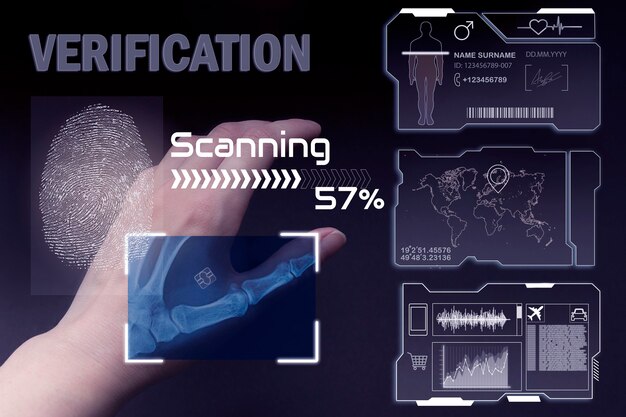 Photo bras de réseau de cybersécurité avec implants numériques et puces électroniques sous la peau du futur