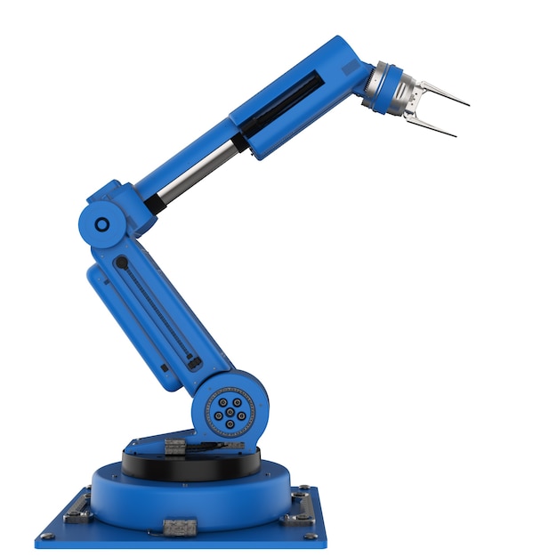 Bras de robot bleu rendu 3D sur fond blanc