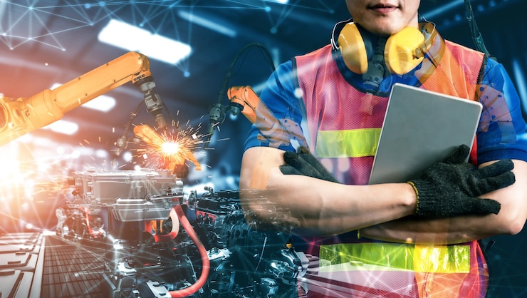 Photo bras de robot d'industrie mécanisée et double exposition d'ouvrier