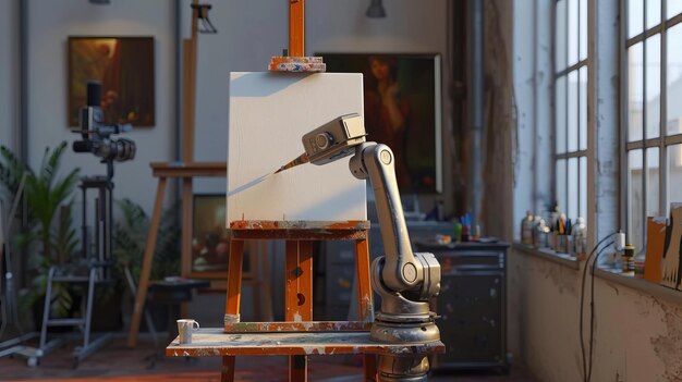 Un bras de robot de peinture AI avec un pinceau sur un chevalet robot d'artiste humanoïde réaliste dessine sur la toile