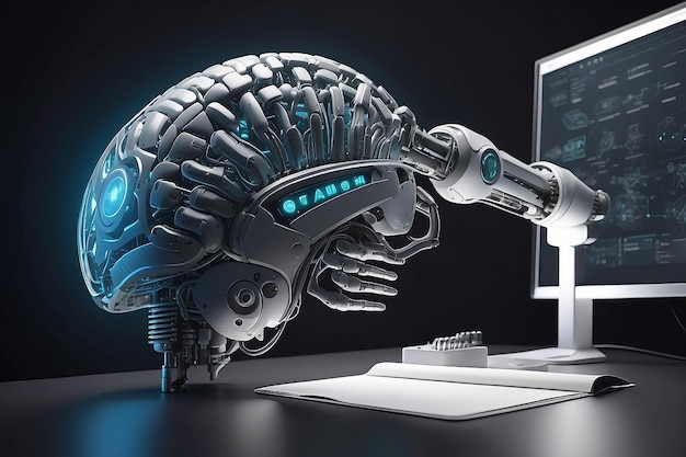 Le bras de robot de rendu 3D écrit un cerveau