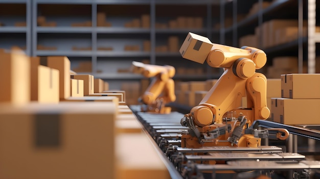 Bras de robot travaillant avec des boîtes en carton sur un convoyeur à rouleaux avec fond d'entrepôt de stockage