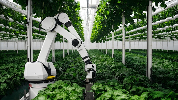 Un bras robotique d'agriculture moderne tend à planter dans des serres de haute technologie