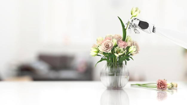 Un bras robotique arrange des fleurs dans le vase