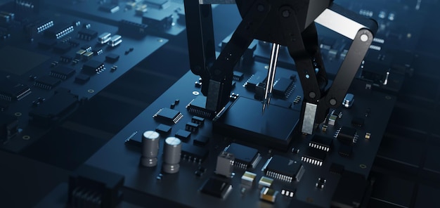 Un bras robotique assemble des puces sur une carte de circuit imprimé Illustration 3D sur la technologie et la production industrielle