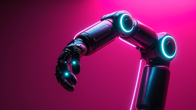 Un bras robotique éclairé au néon symbolisant le mariage de la machinerie et de l'esthétique