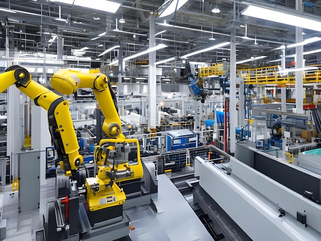 Le bras robotique industriel de haute technologie moderne sur la ligne de production de l'usine est en cours de soudage Generative AI