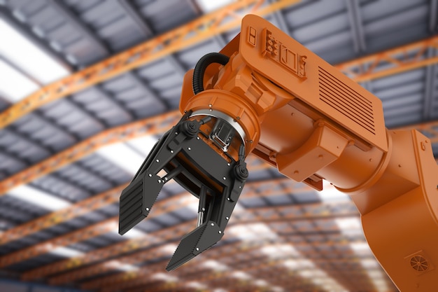 Bras robotique orange de rendu 3D en usine