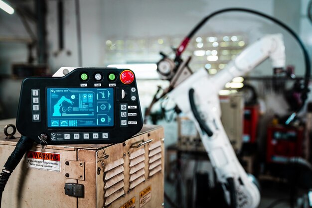 Photo bras robotique et son panneau adepte de contrôleur dans un atelier d'usine