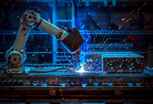 Un bras robotique soude du métal dans une usine Automatisation industrielle Processus de fabrication Concept industriel