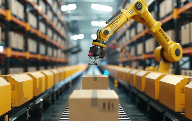 Des bras robotiques sur un convoyeur trient et emballent efficacement des boîtes illustrant l'automatisation de la logistique et de la distribution