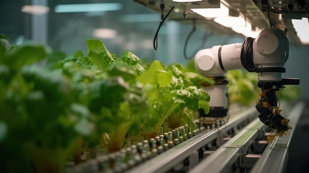 Des bras robotiques intelligents dans des serres hydroponiques pour les agriculteurs dans l'agriculture de la technologie d'automatisation du futur et de l'observation de la croissance L'agriculture autonome avec la récolte robotique et la connectivité 5G