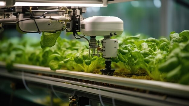 Des bras robotiques intelligents dans des serres hydroponiques pour les agriculteurs dans l'agriculture de la technologie d'automatisation du futur et de l'observation de la croissance L'agriculture autonome avec la récolte robotique et la connectivité 5G