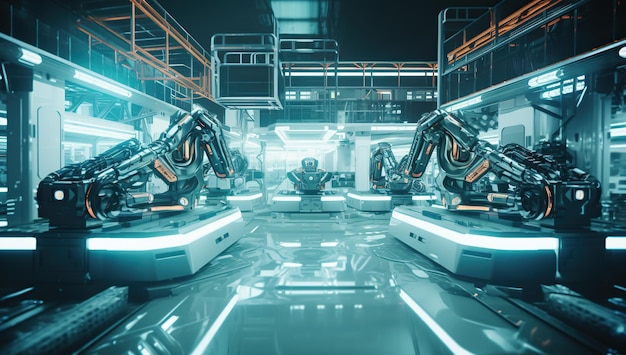 Des bras robotiques noirs travaillant l'un en face de l'autre sur le fond d'une usine moderne avec un éclairage bleu