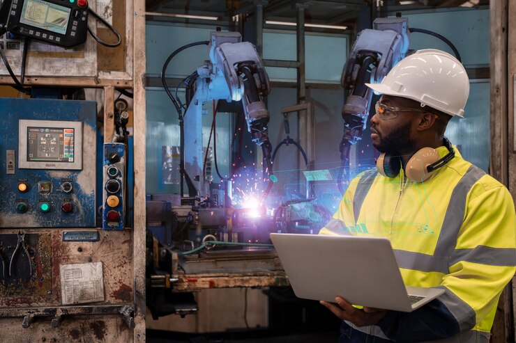 Photo les bras de robots d'automatisation de contrôle et de contrôle par l'ingénieur