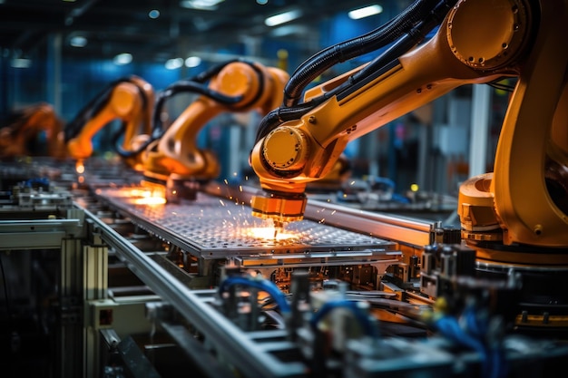 Le bras des robots industriels soude une pièce automobile dans une usine automobile AI Generative