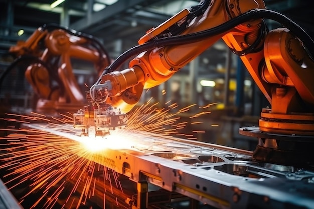 Le bras de robots industriels soude des pièces automobiles dans une usine automobile AI Generative