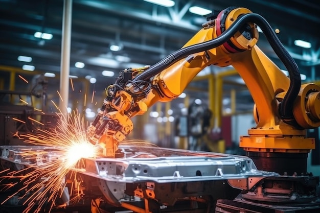 Le bras de robots industriels soude des pièces automobiles dans une usine automobile AI Generative