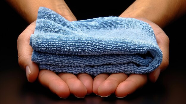 Un bras tenant un tissu en microfibre bleu clair est un outil essentiel pour obtenir des rayures et des taches