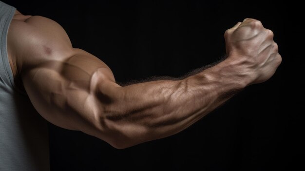 Photo bras tendu serré dans les veines du poing muscles de culturiste sur un fond sombre réseau neuronal généré par l'ia