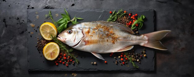 Brasse de mer avec des épices et des herbes sur table d'ardoise Produits de la mer Génératif ai