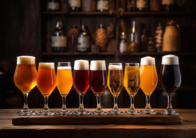 Brasserie artisanale sélection de bières diverses dans des verres sur la table dans le pub du soir arrière-planAI Génératif