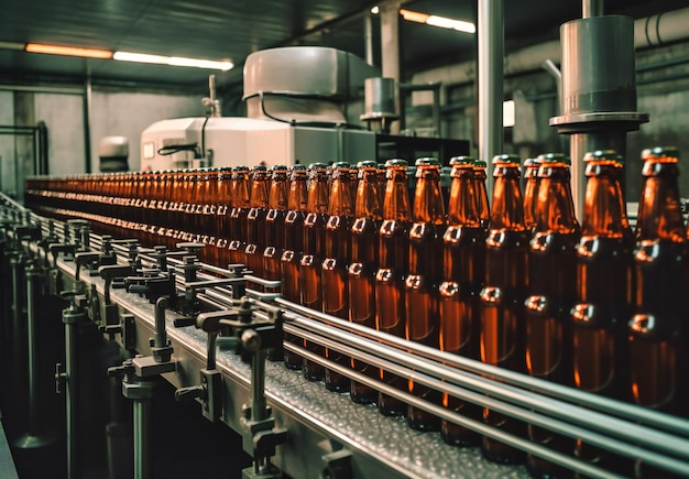 Une brasserie avec des bouteilles se déplaçant de bouteilles dans la machine