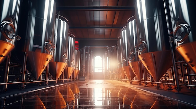 Photo brasserie moderne ou usine de production d'alcool grands réservoirs de fermentation en acier dans une salle spacieuse