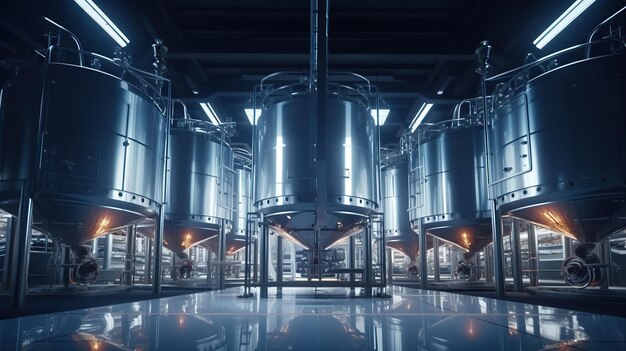 Brasserie moderne ou usine de production d'alcool Grands réservoirs de fermentation en acier dans une salle spacieuse