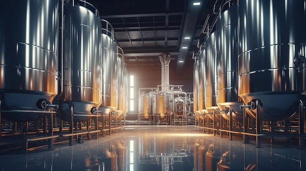 Brasserie moderne ou usine de production d'alcool Grands réservoirs de fermentation en acier dans une salle spacieuse