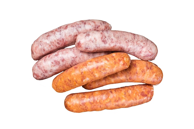 Bratwurst frais et saucisses de viande Chorizo sur planche de bois Fond blanc isolé