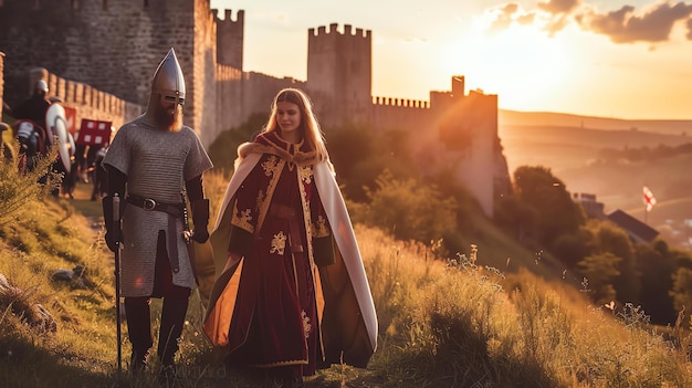 Photo un brave chevalier et sa belle princesse marchent main dans la main à travers un champ d'herbe haute, tous deux vêtus de vêtements médiévaux.