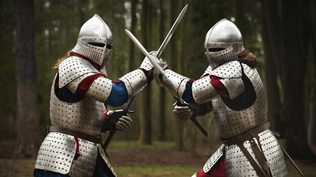 Photo brave chevaliers blindés avec des armes professionnelles combattant isolés sur un fond de studio blanc