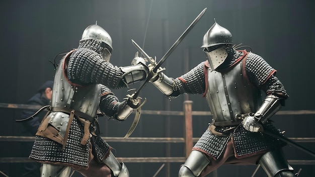 Brave chevaliers blindés avec des armes professionnelles combattant isolés sur un fond de studio blanc