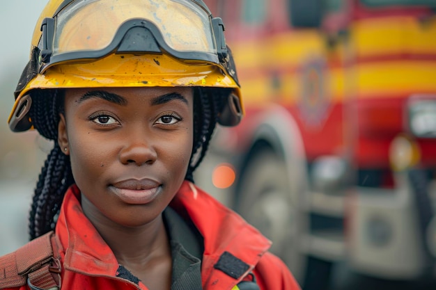 Photo une brave pompierne afro-américaine pose près d'un camion de pompiers en uniforme et casque