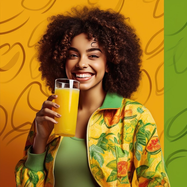 Photo brésil fille avec un verre en été fond coloré